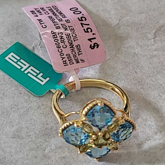 EFFY gemma blue topaz, peridot 14kt yellow gold clover ring - Picture 7 of 9